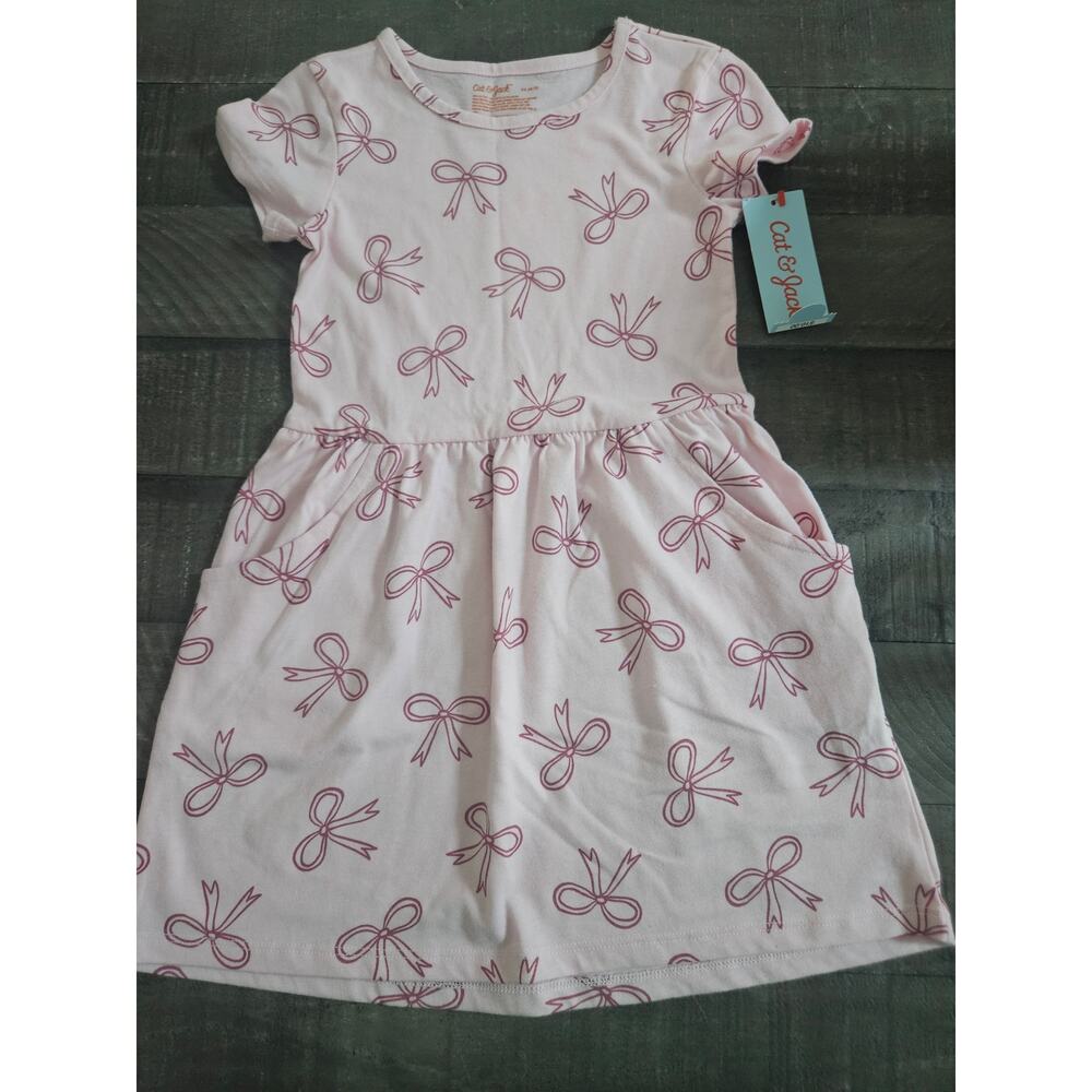 Cat & Jack Girls Pink Ribbon Bow Dress Size XS 4/5 NWT Short Sleeves Pockets!